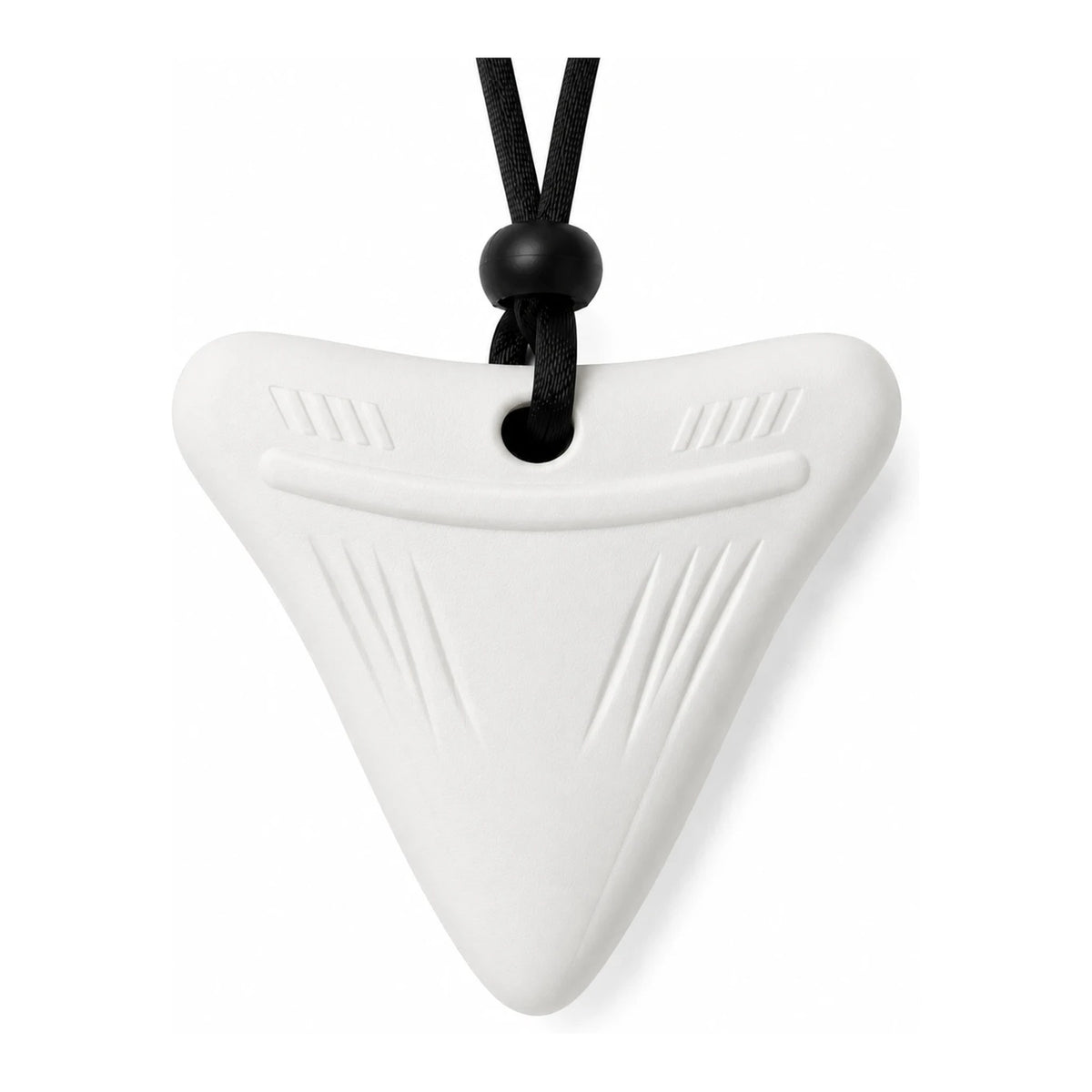 Cloud Hug white shark tooth sensory chew necklace on a black adjustable cord, front view