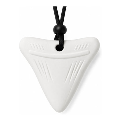 Cloud Hug white shark tooth sensory chew necklace on a black adjustable cord, front view