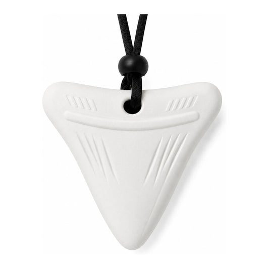 Cloud Hug white shark tooth sensory chew necklace on a black adjustable cord, front view