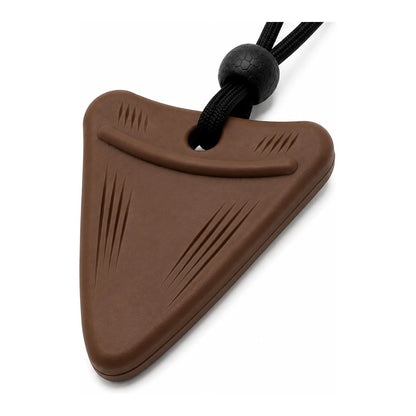 Cocoa Comfort brown shark tooth sensory chew necklace on a black adjustable cord, front view