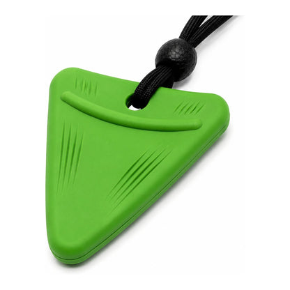 Forest Adventure green shark tooth sensory chew necklace on a black adjustable cord, front view