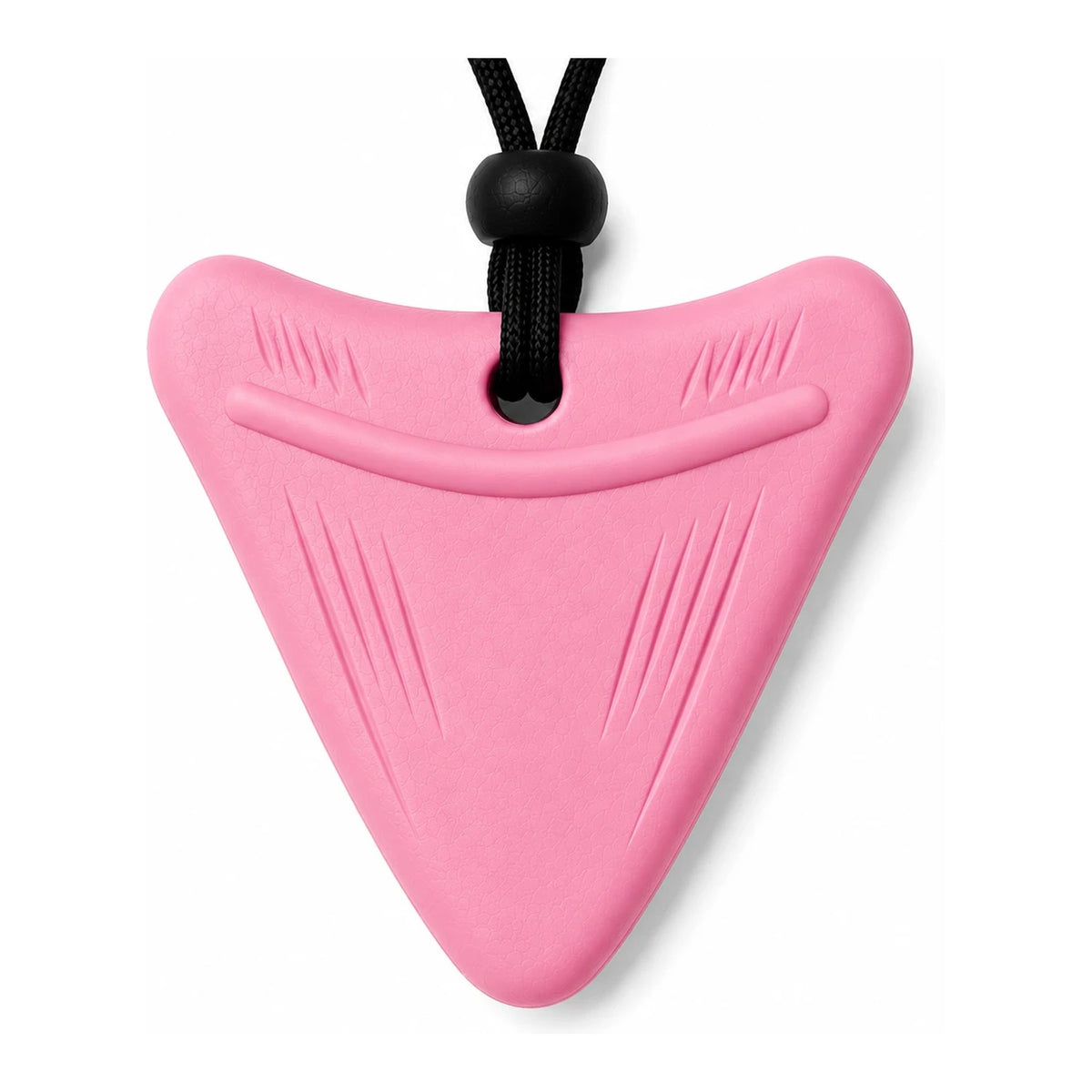 Happy Bloom pink shark tooth sensory chew necklace on a black adjustable cord, front view