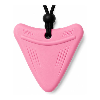 Happy Bloom pink shark tooth sensory chew necklace on a black adjustable cord, front view