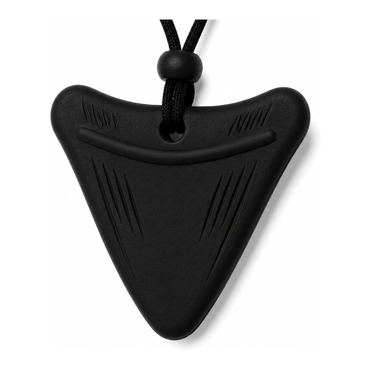 Midnight Quiet black shark tooth sensory chew necklace on a black adjustable cord, front view