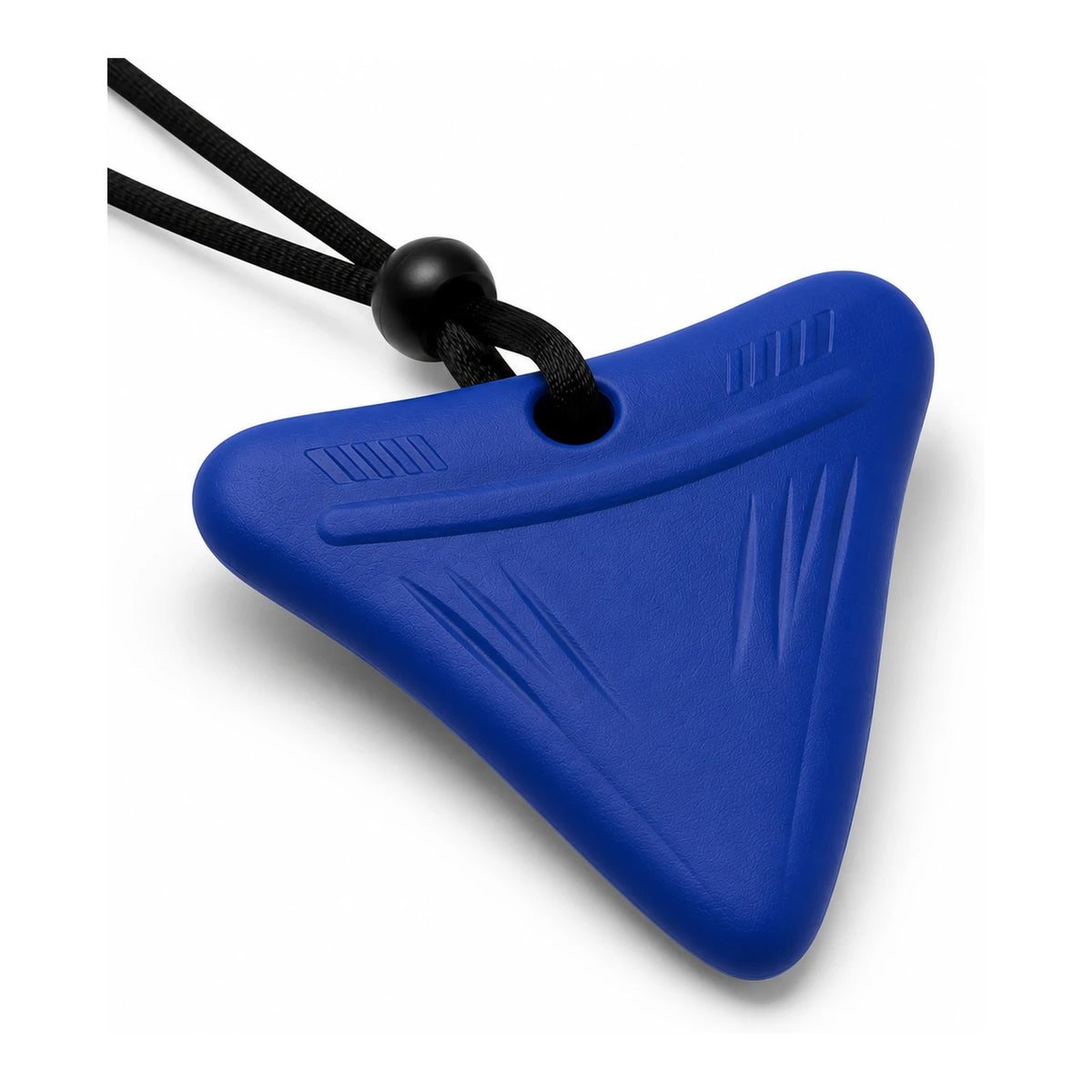 Ocean Calm navy blue shark tooth sensory chew necklace on a black adjustable cord, front view