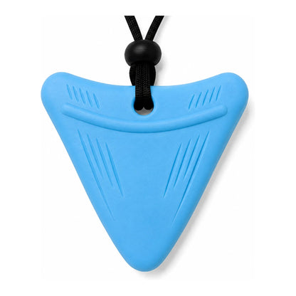 Open Sky light blue shark tooth sensory chew necklace on a black adjustable cord, front view