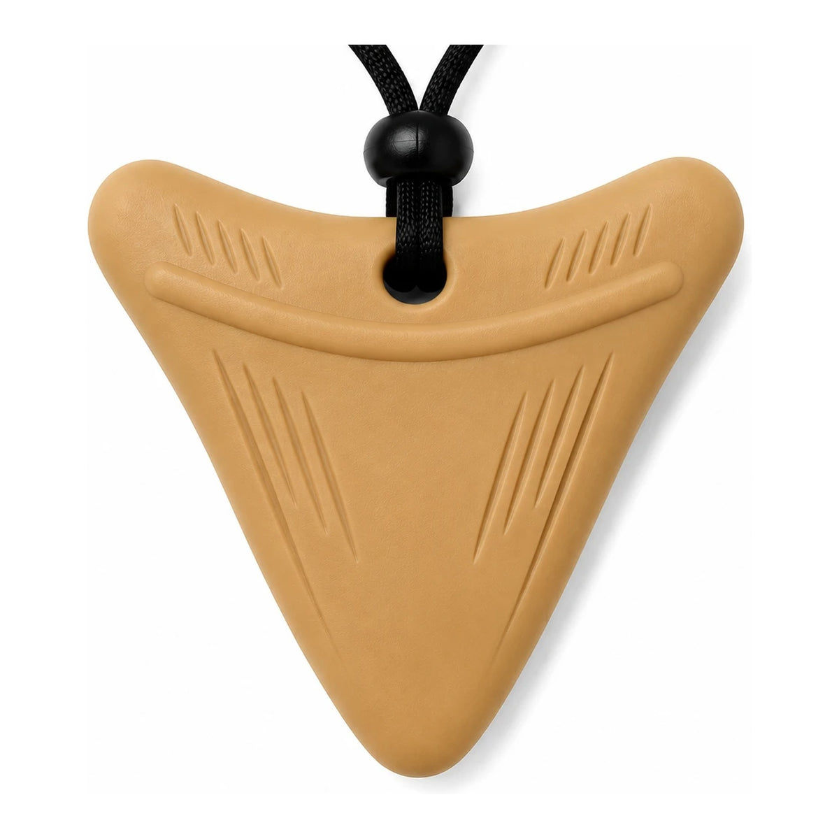 Sandy Trail tan shark tooth sensory chew necklace on a black adjustable cord, front view