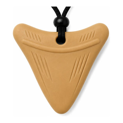 Sandy Trail tan shark tooth sensory chew necklace on a black adjustable cord, front view