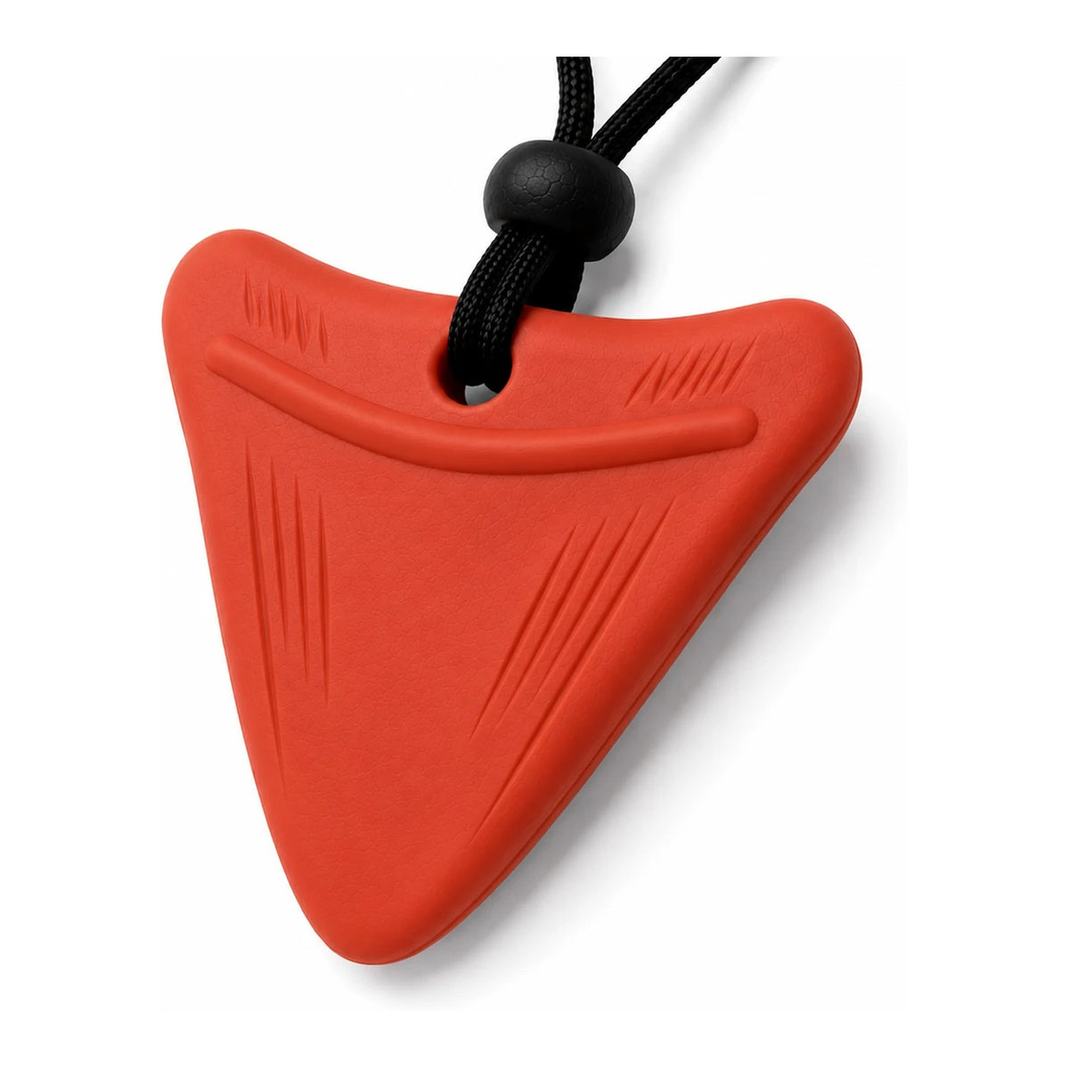 Sunset Smile red-orange shark tooth sensory chew necklace on a black adjustable cord, front view