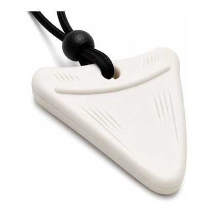 Winter Snow cream shark tooth sensory chew necklace on a black adjustable cord, front view